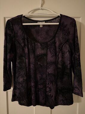 dressbarn Purple and Black Floral Velvet Burnout Long Sleeve Top
